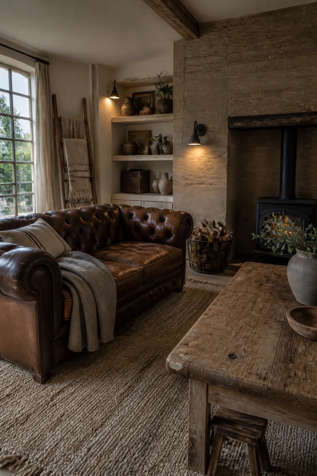 A living room with rammed earth walls, a brown leather tufted sofa, wooden coffee table, and a black wood stove fireplace.