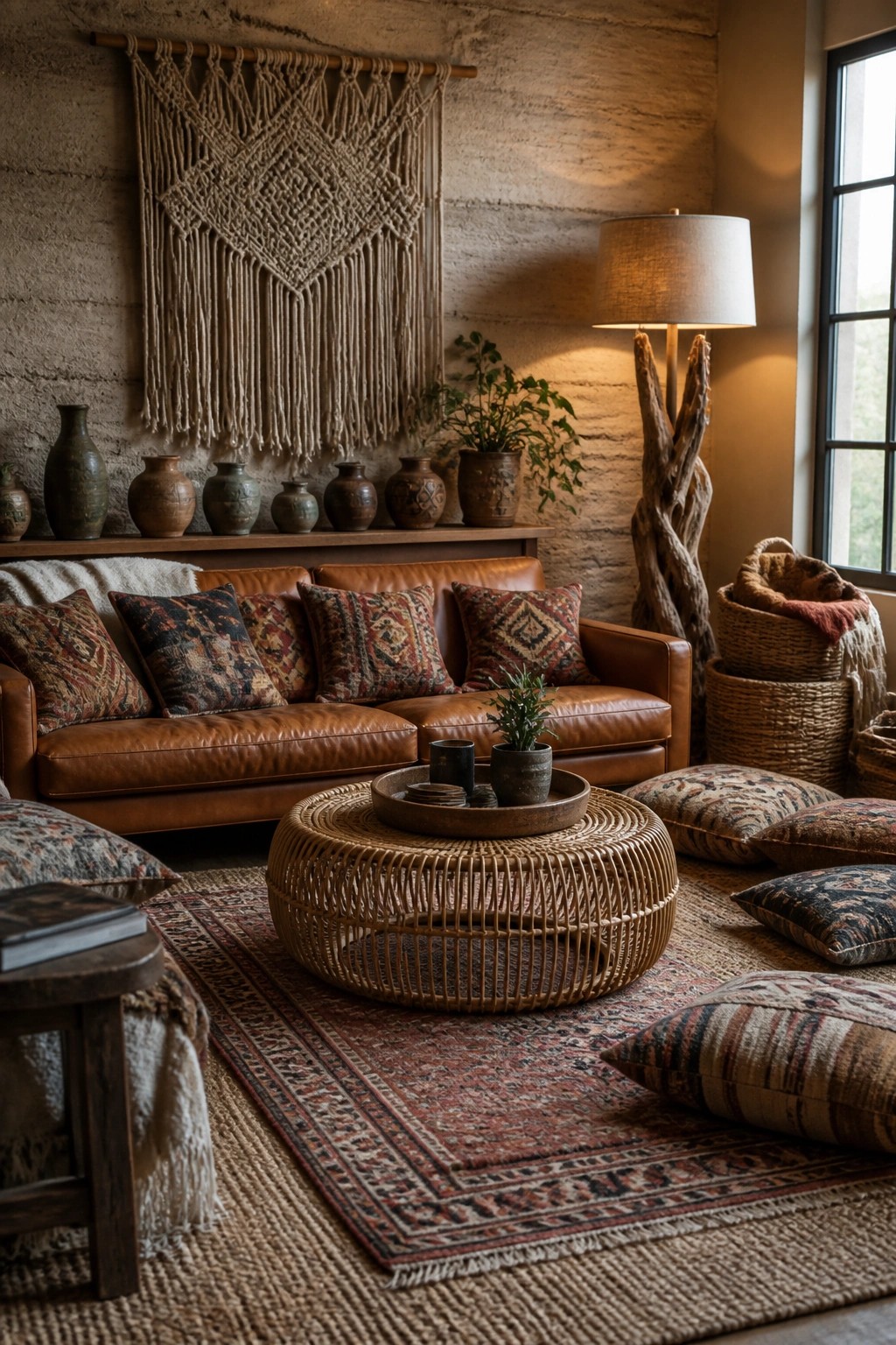 A living room with rammed earth walls, a brown leather sofa with patterned pillows, a large macrame wall hanging above a wooden shelf with pottery, a round wicker coffee table, and layered rugs on the floor.