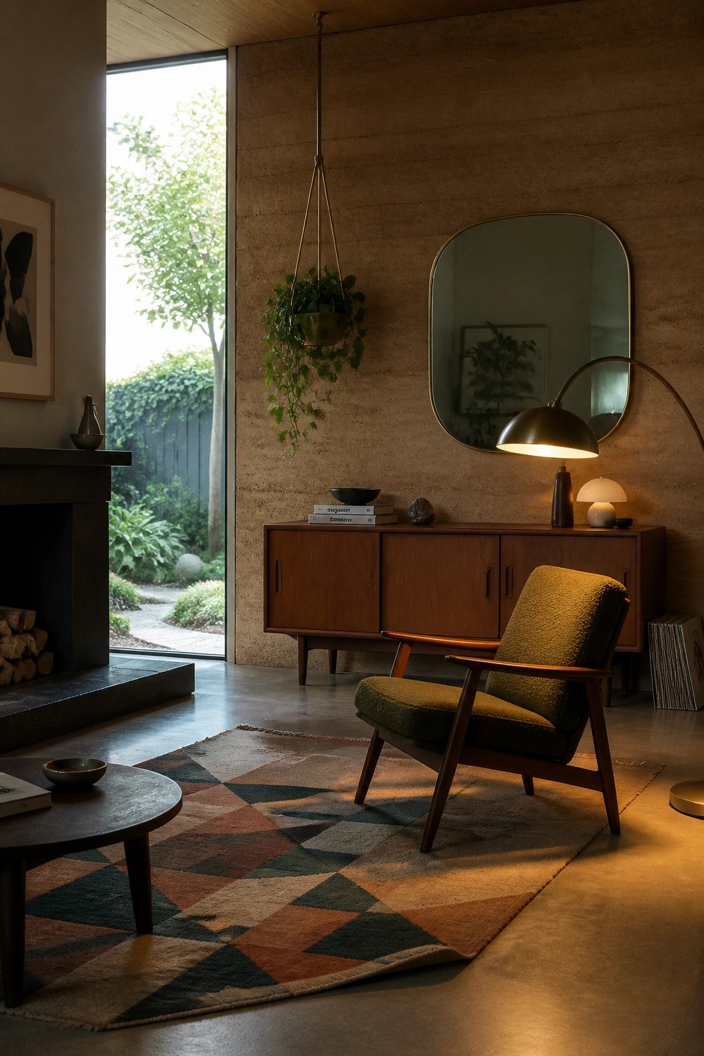 A living room featuring textured rammed earth walls, a green upholstered armchair on a geometric rug, a wooden sideboard, and a large window opening to an outdoor garden.