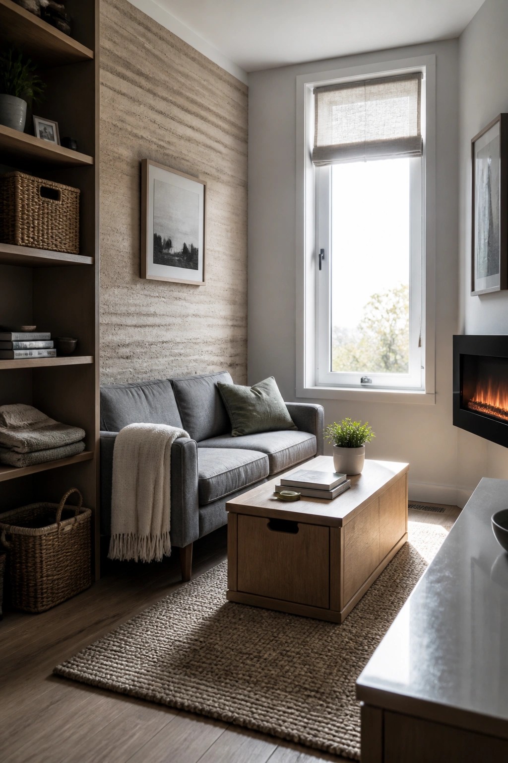 A living room with a gray sofa in front of a textured rammed earth wall, a wooden coffee table on a woven rug, and a large window with a rolled blind.