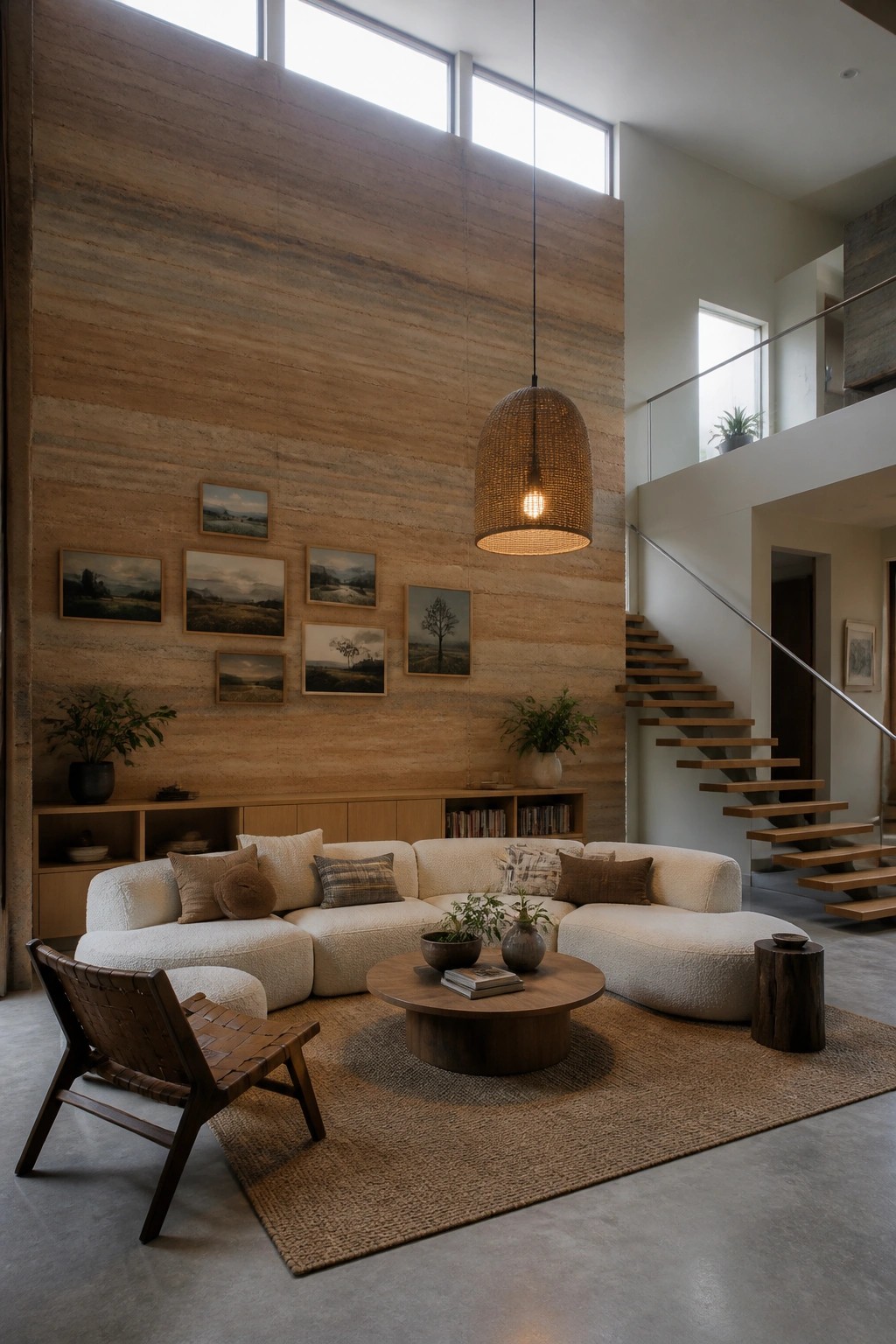 A spacious living room with a tall rammed earth accent wall, curved white sectional sofa, round wooden coffee table, woven pendant light, and wooden staircase visible on the right.