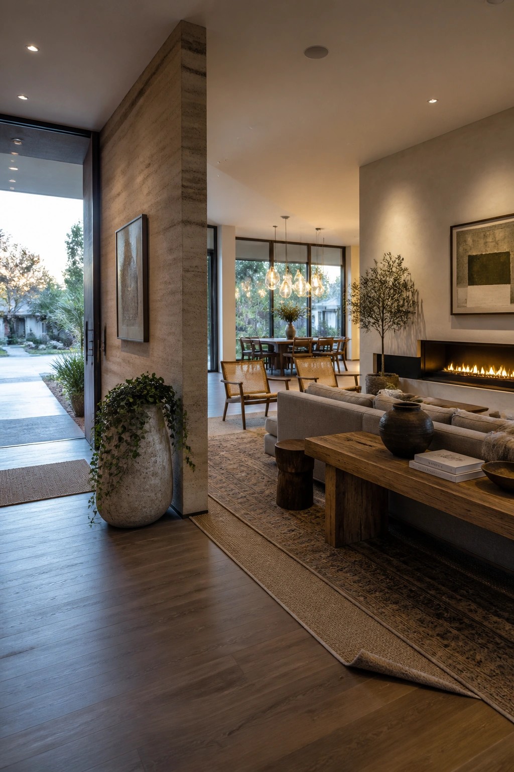 Interior view of a living room with a prominent rammed earth wall beside an open doorway, a large sectional sofa, wooden coffee table, and linear fireplace visible in the background.