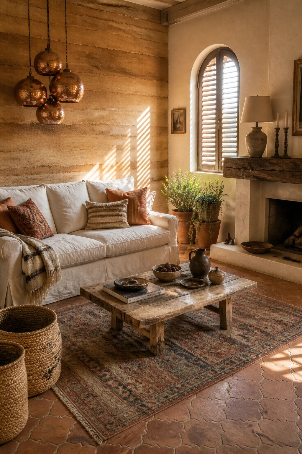 A living room featuring rammed earth walls, a white slipcovered sofa, a rustic wooden coffee table on a patterned rug, and a fireplace with potted plants near an arched window.