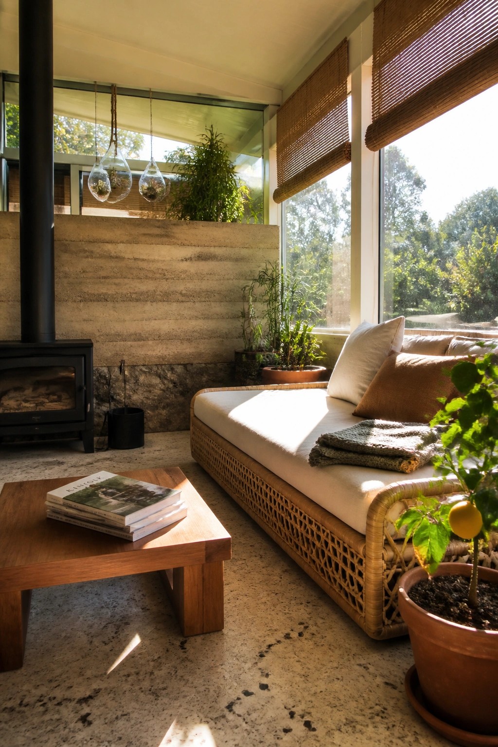 Interior living space with a large textured rammed earth wall, black wood stove on the left, rattan daybed with cushions and throw on the right, wooden coffee table in front, and large windows behind.