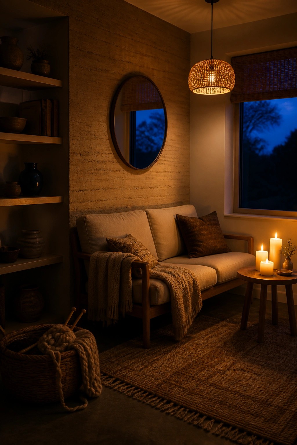 A living room corner with a textured rammed earth wall, a wooden sofa with neutral cushions and a throw blanket, a round mirror, woven pendant light, and lit candles on a small side table.