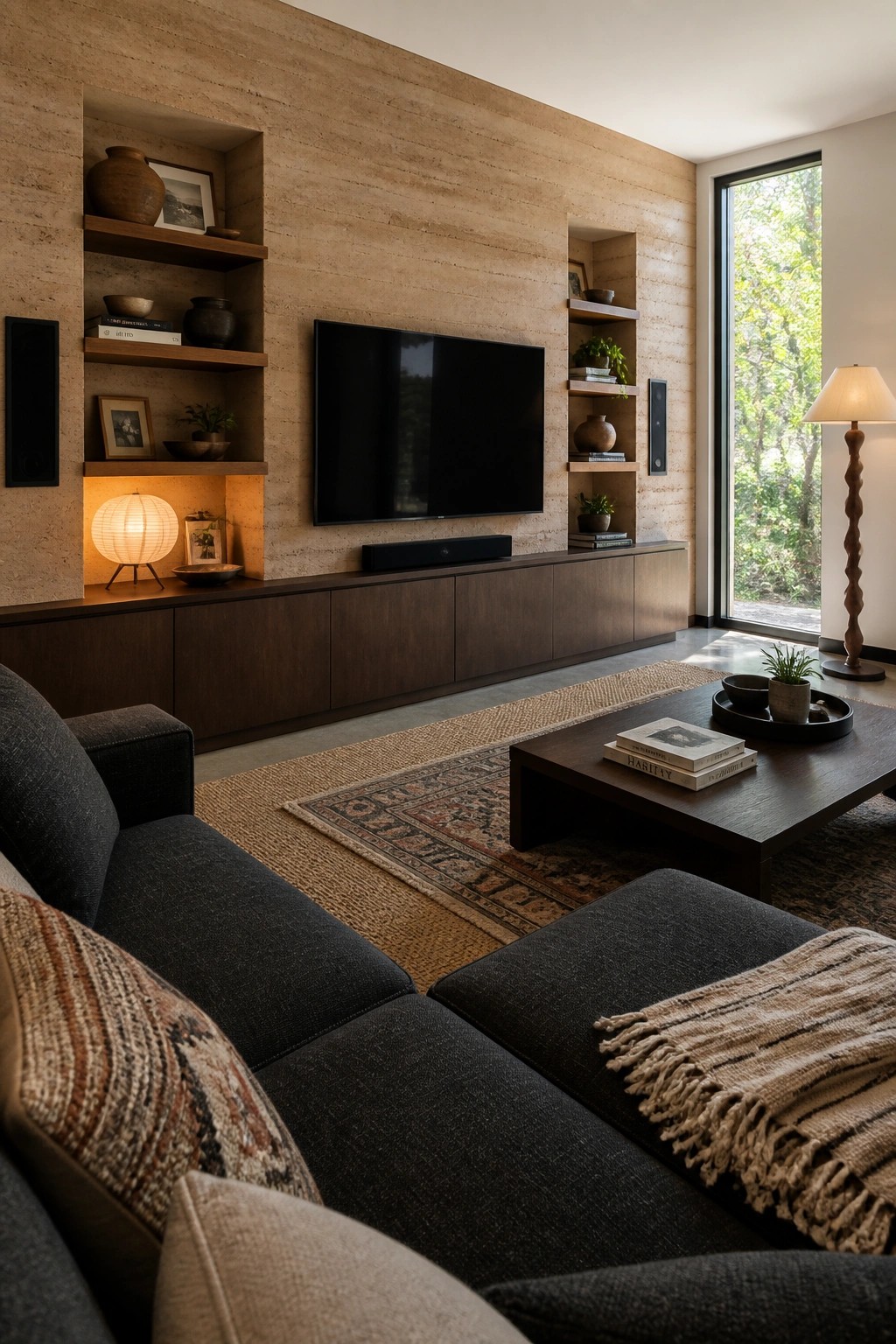 A modern living room featuring rammed earth walls with recessed wooden shelves, a wall-mounted television above a long wooden media console, a dark sectional sofa, a wooden coffee table on a patterned rug, and a large window revealing trees outside.