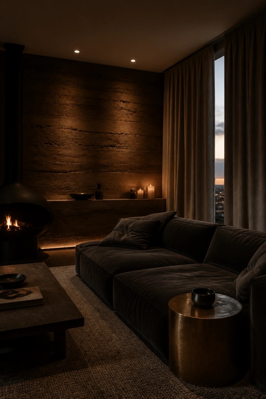 A dimly lit living room with a tall rammed earth wall, a suspended black fireplace, a dark sectional sofa, and a round bronze side table.