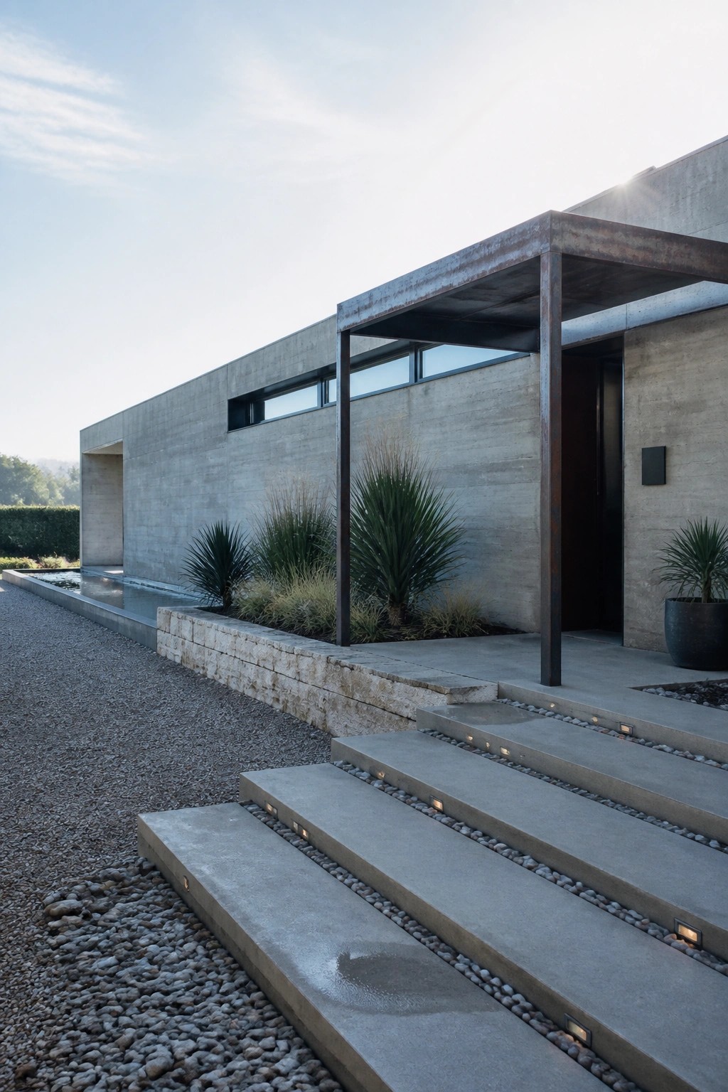 Modern concrete villa exterior with a large metal canopy over the entrance, concrete stairs featuring recessed lighting, and minimal landscaping along the base.