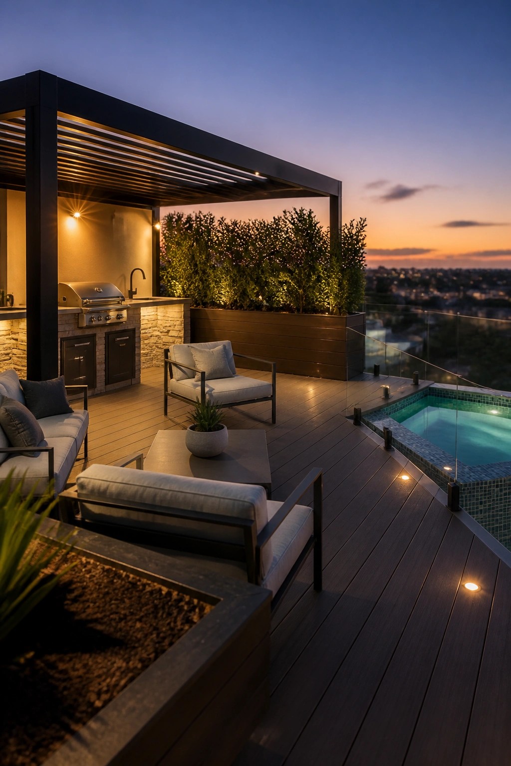 A modern rooftop deck at dusk with an outdoor kitchen under a slatted cover, lounge seating, a small pool, and city views beyond.