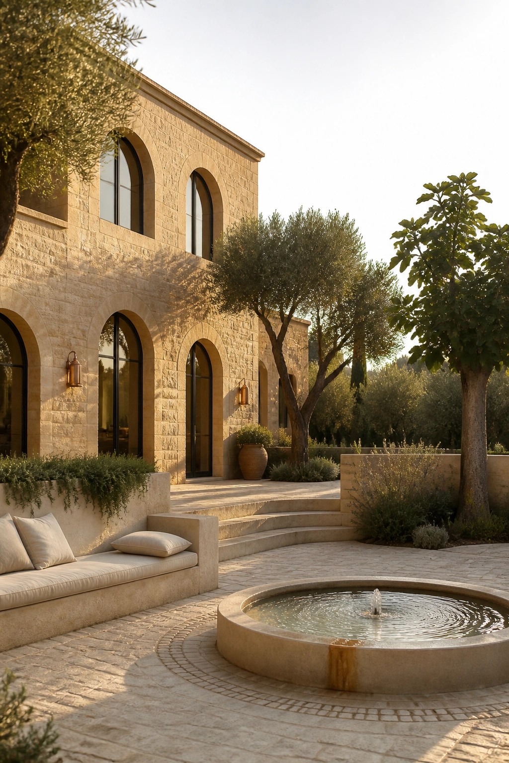 A light stone villa with tall arched windows and doors beside a round stone fountain set in a paved courtyard.