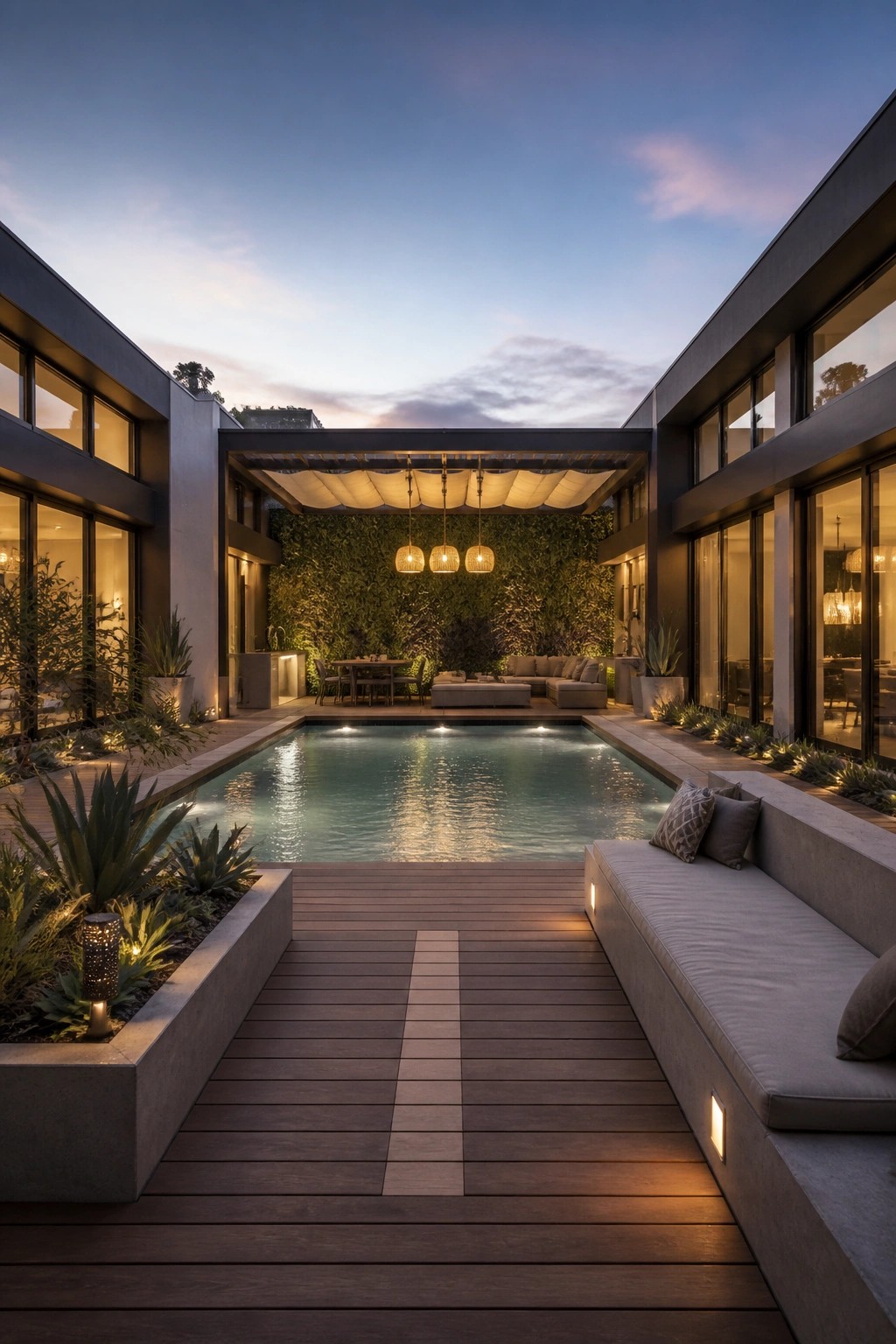 A modern villa courtyard at dusk featuring a rectangular pool, wooden deck path, built-in upholstered seating on the right, and a vertical garden wall in the background.