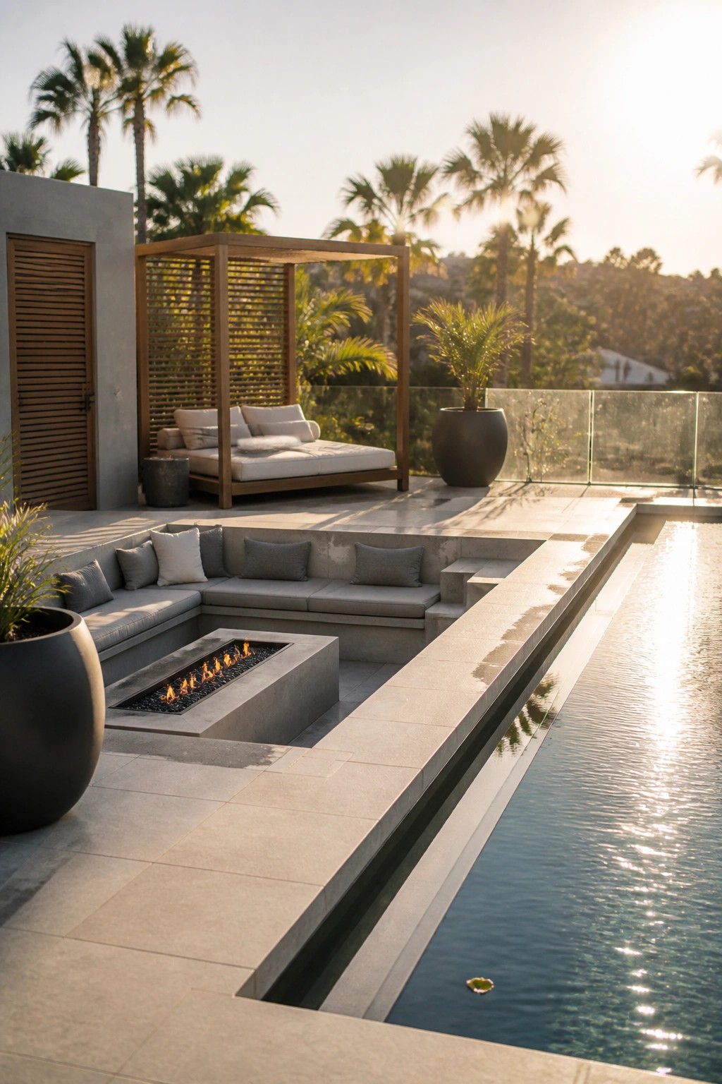 An outdoor patio with built-in L-shaped concrete seating, a rectangular fire pit, and a long pool beside it, with a wooden cabana and palm trees in the background.