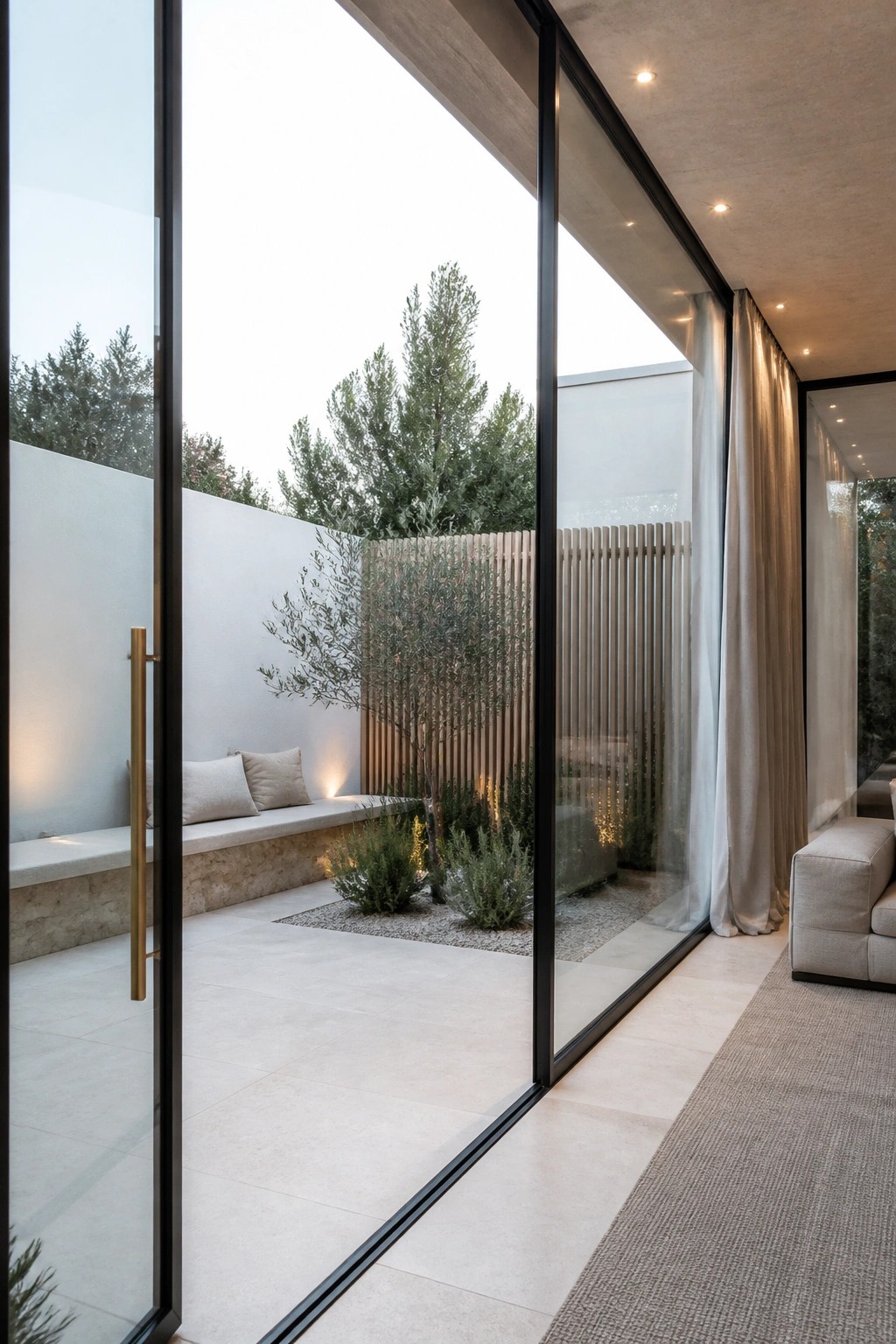 Large glass doors open to a modern courtyard patio with a built-in bench against a white wall, gravel ground cover, and small trees.