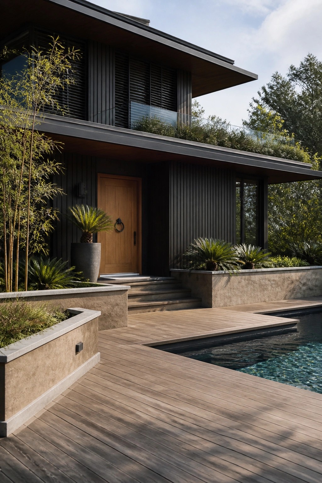 Modern villa exterior with dark vertical siding, wood front door, and wide wooden deck extending to a swimming pool, with concrete planters and greenery along the edges.