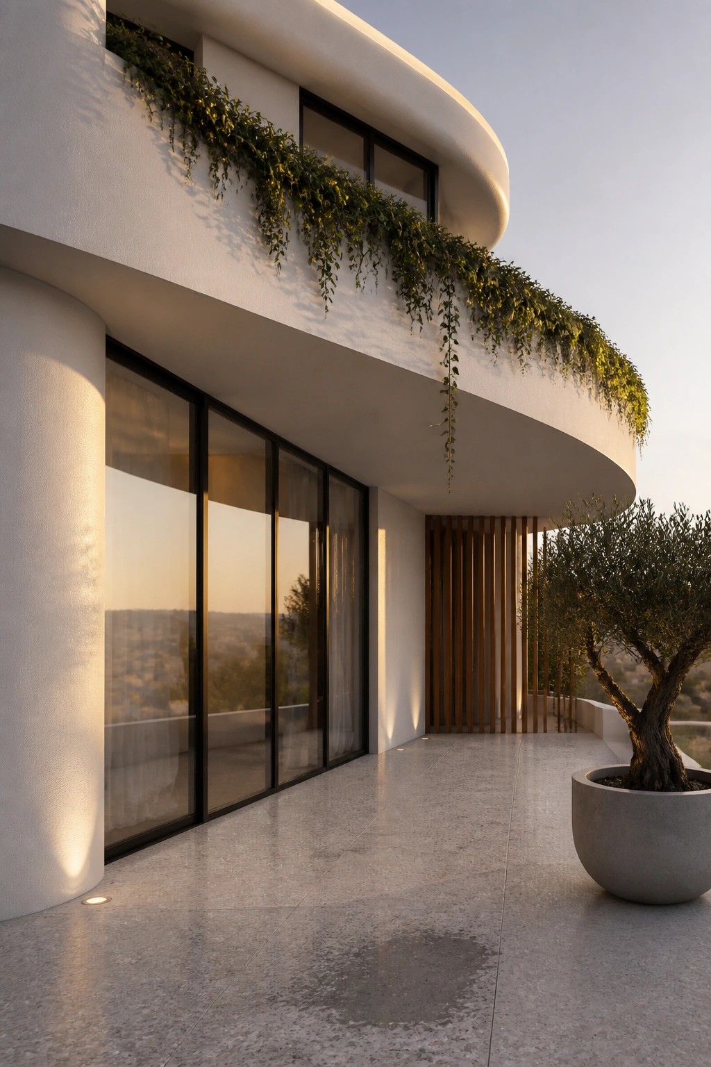A contemporary white villa exterior featuring a curved upper balcony with cascading greenery, large black-framed glass doors, and a concrete planter with an olive tree on the patio.