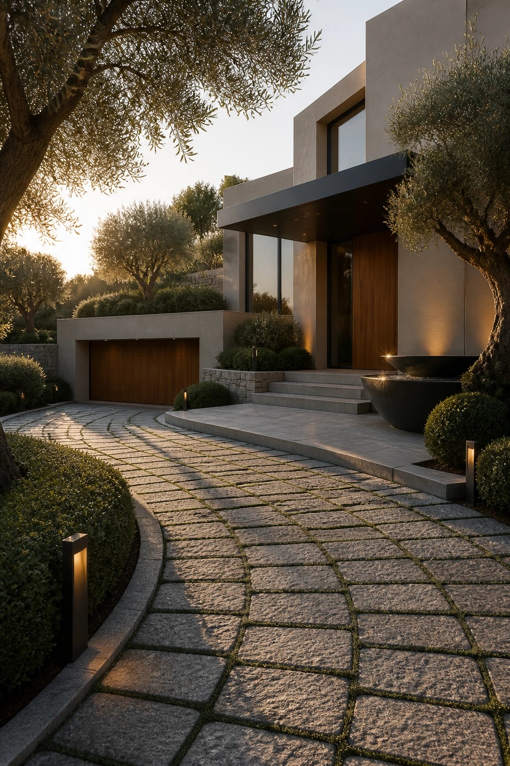 Modern villa with curved cobblestone driveway, wooden doors, and lush landscaping at dusk