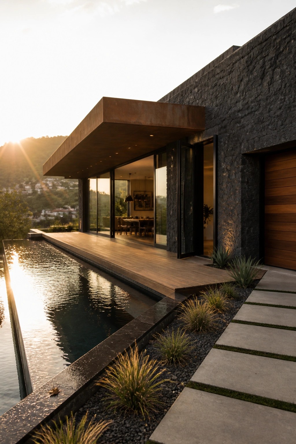 Modern villa exterior featuring dark stone walls, a cantilevered metal roof, wooden decking, and a long infinity pool with surrounding plants.