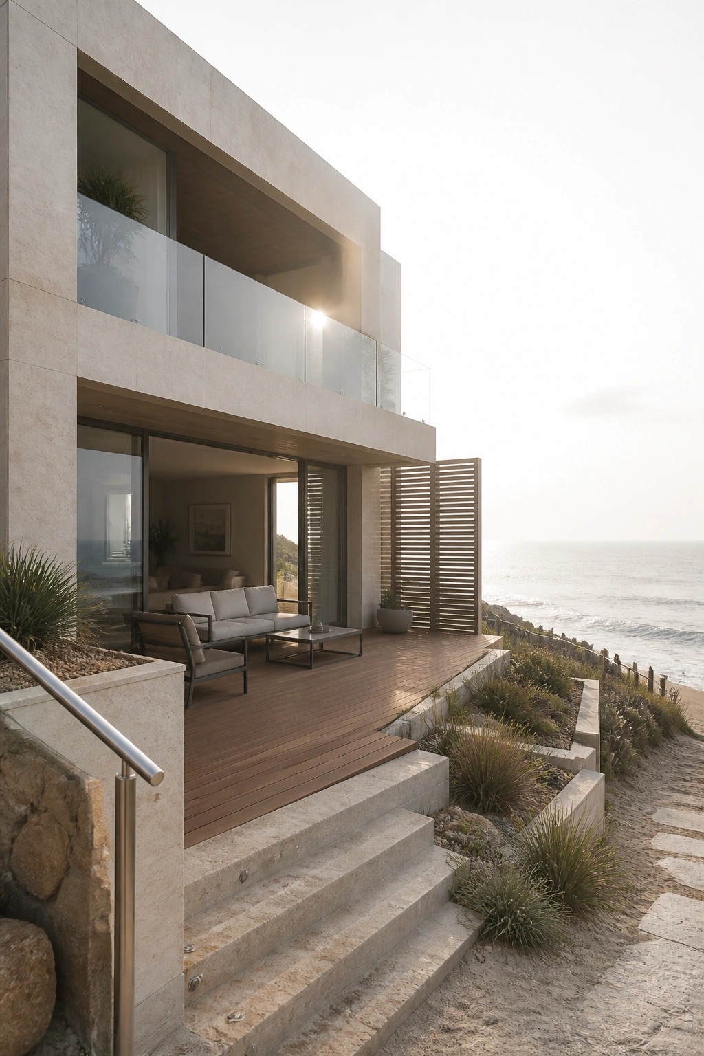 Modern beach house with wooden deck overlooking ocean from stone steps