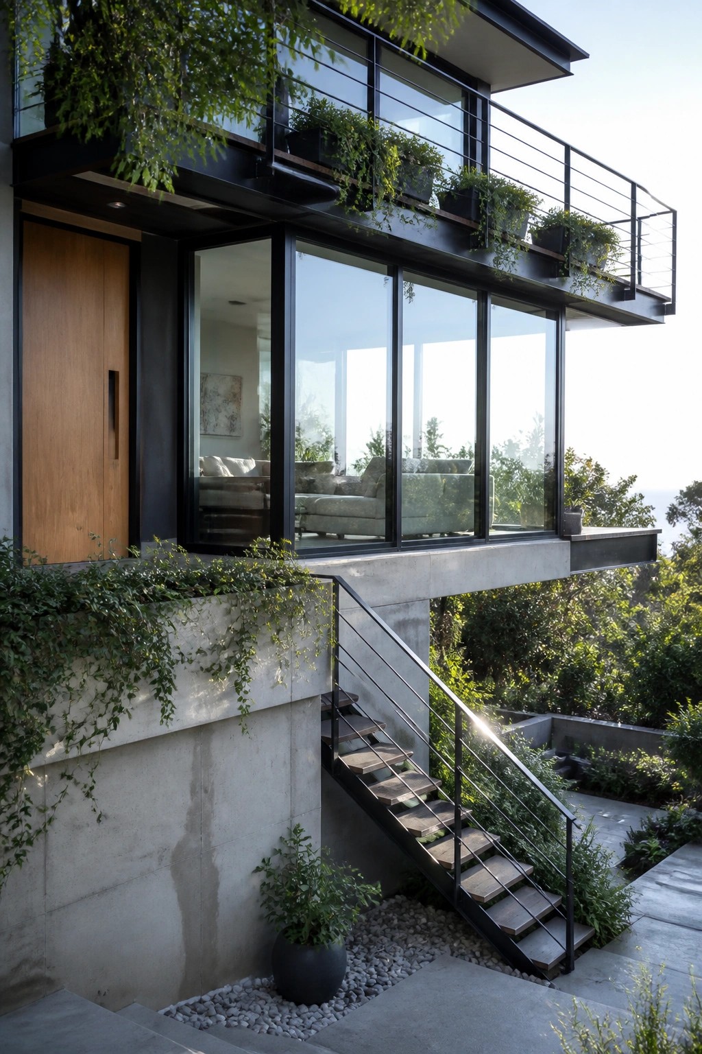 A modern villa exterior featuring large glass windows, a wooden front door, concrete walls, and a black metal exterior staircase ascending to the main living level amid surrounding greenery.
