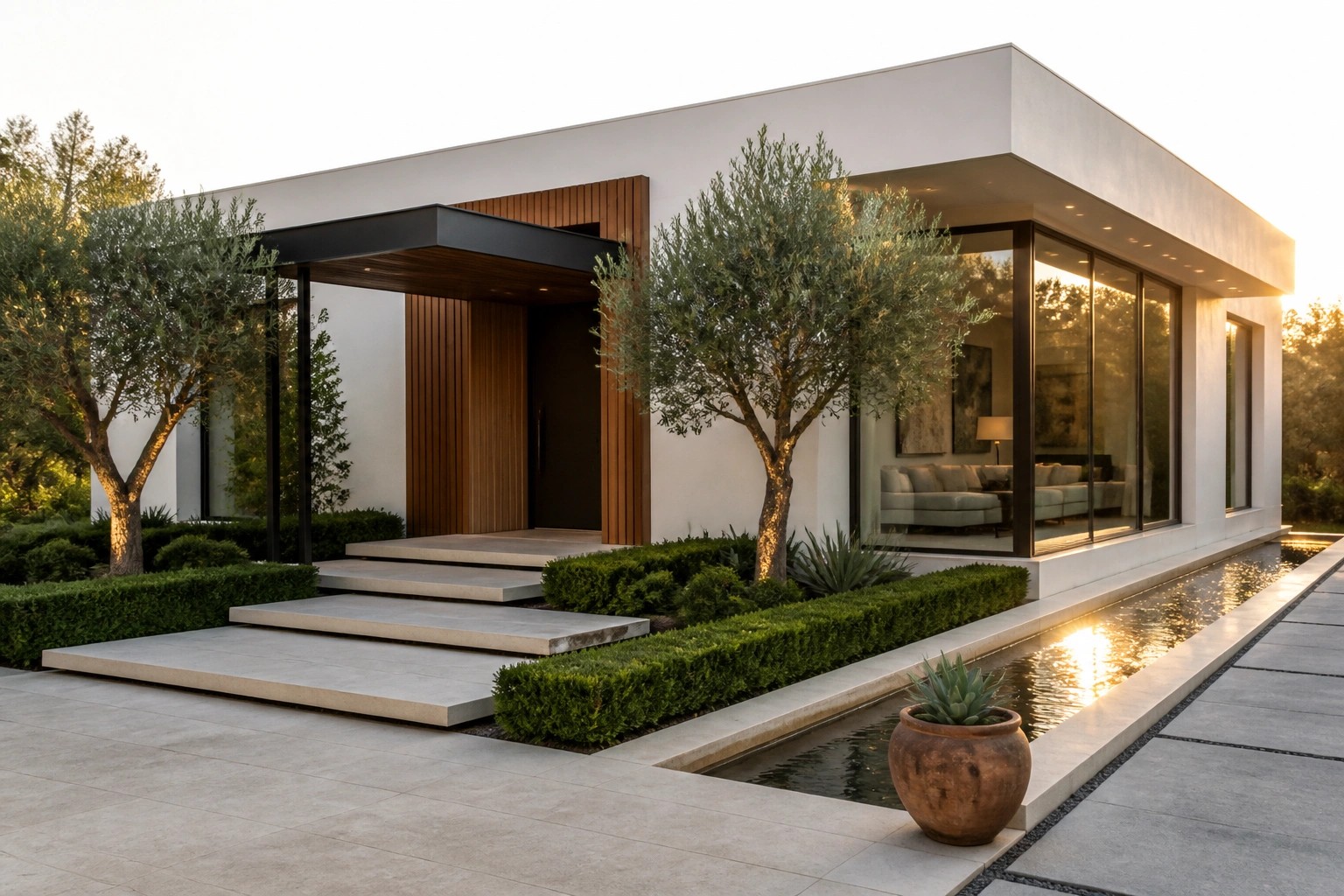 Modern white villa exterior with dark canopy over wooden front door, large glass windows beside the entrance, stone steps, olive trees, and a linear water feature along the paved approach.