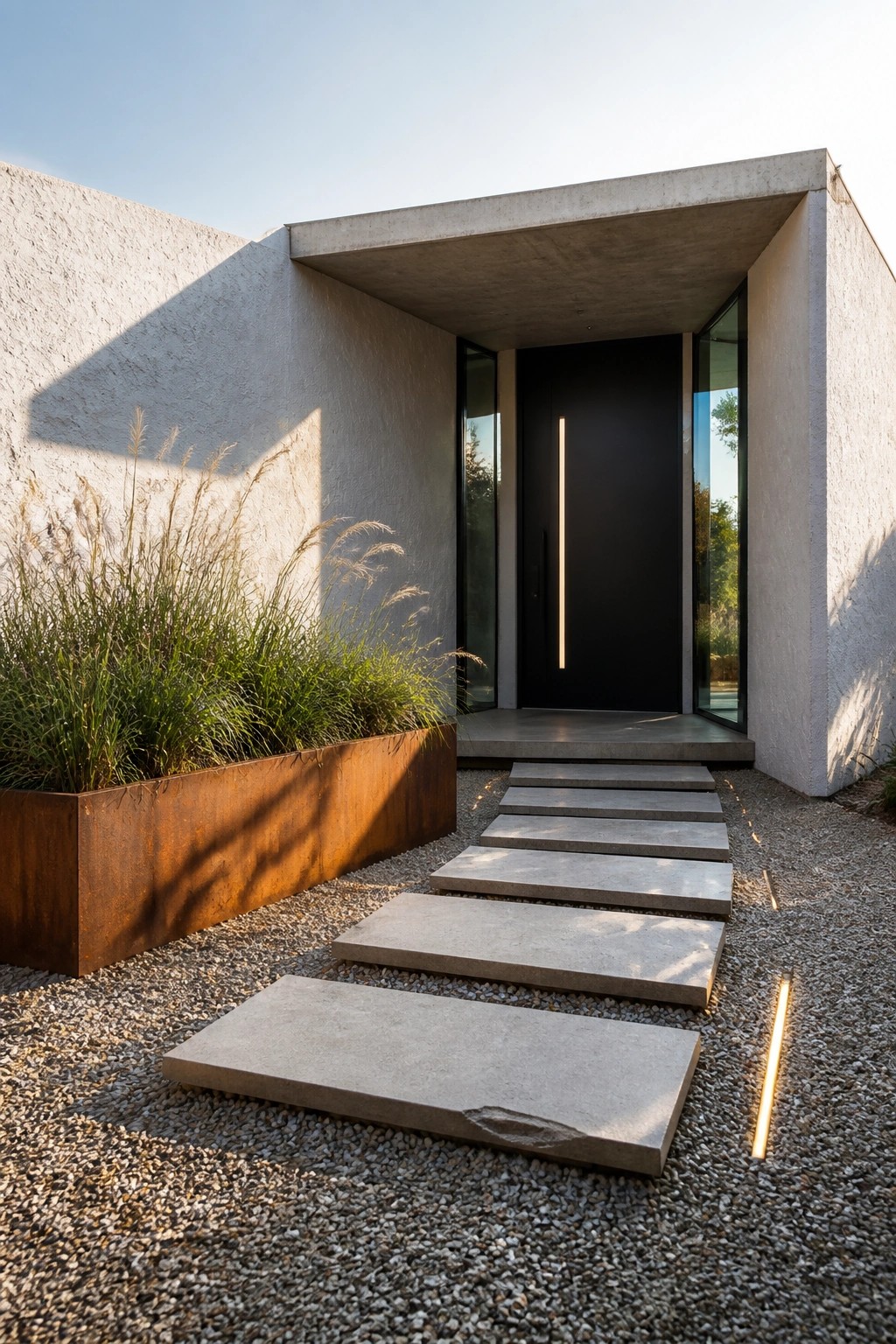 Modern concrete entrance with black door, stepping stones, and rusted planter with grasses.