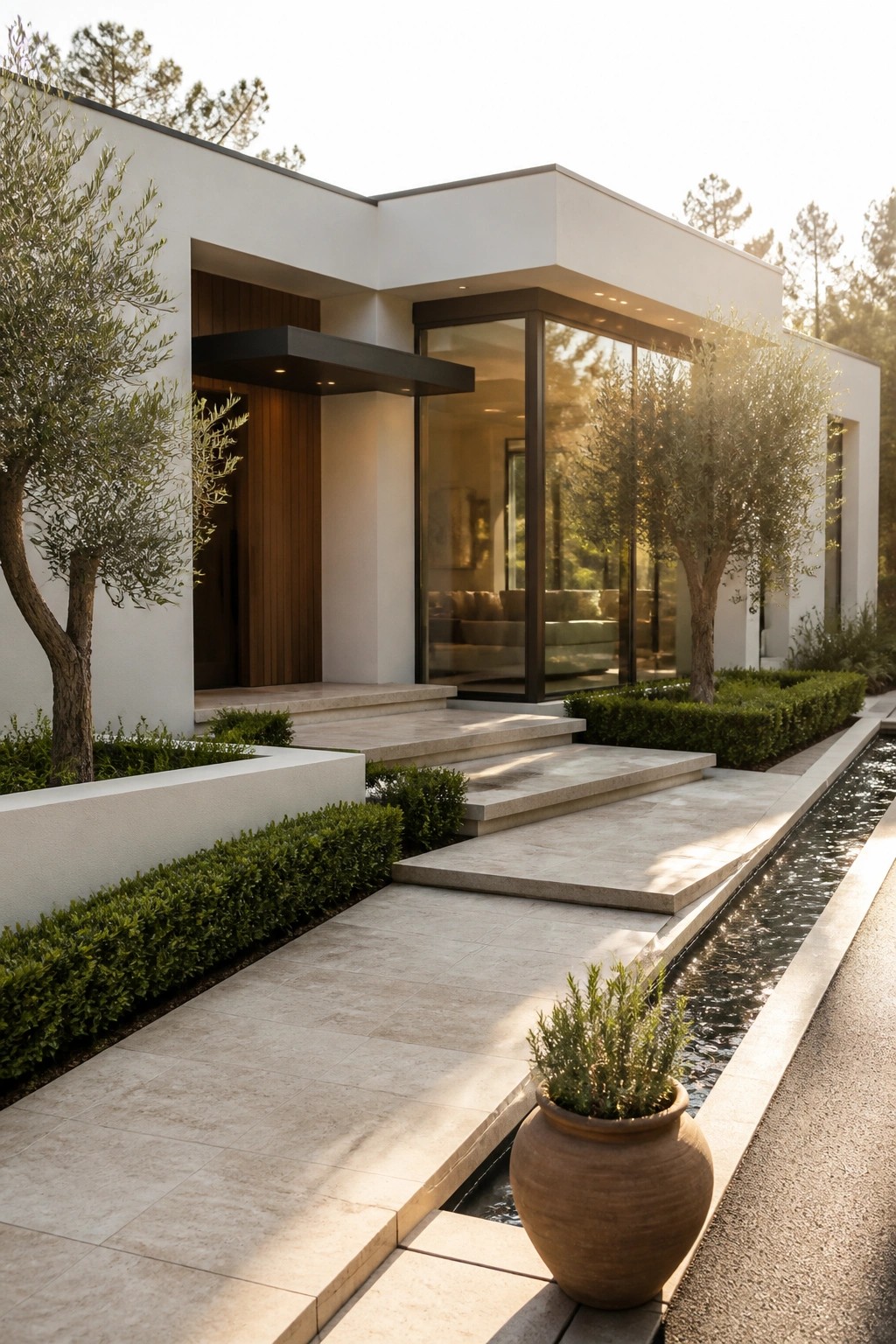 Modern white villa exterior with dark canopy over wooden front door, large glass windows beside the entrance, stone steps, olive trees, and a linear water feature along the paved approach.