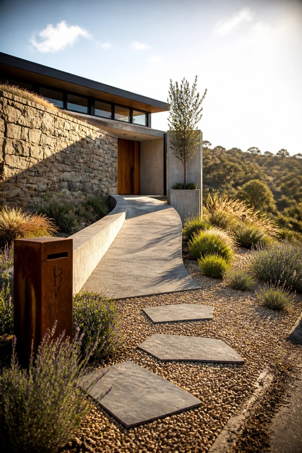A modern villa exterior with a stone retaining wall, wooden front door, curving concrete path, and gravel area with stepping stones leading to the entrance.