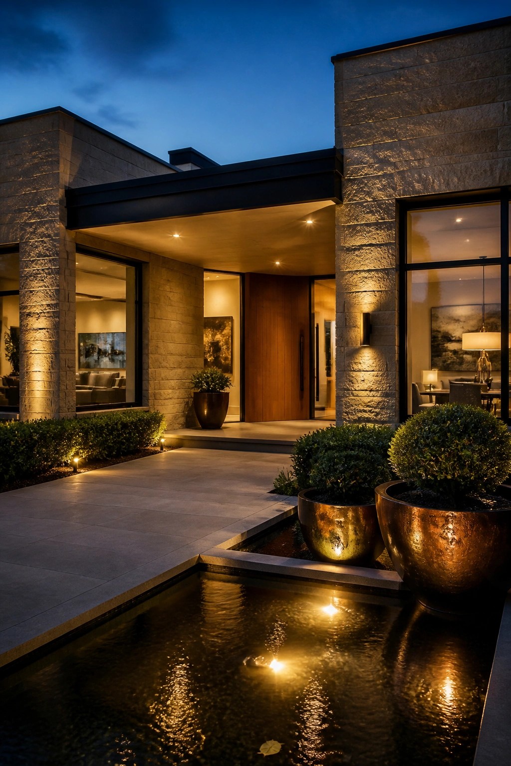 Modern stone home at night with glowing entrance, reflecting pool, and copper planters.
