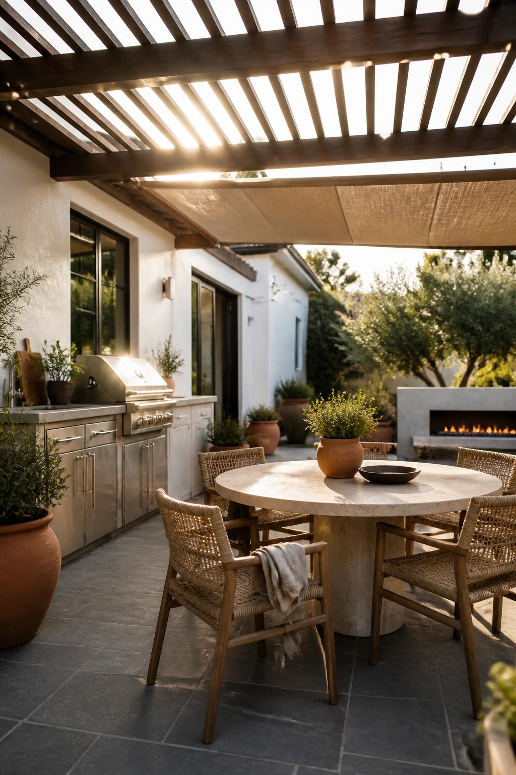 A round stone dining table with woven chairs sits under a wooden pergola beside an outdoor kitchen with a built-in grill.