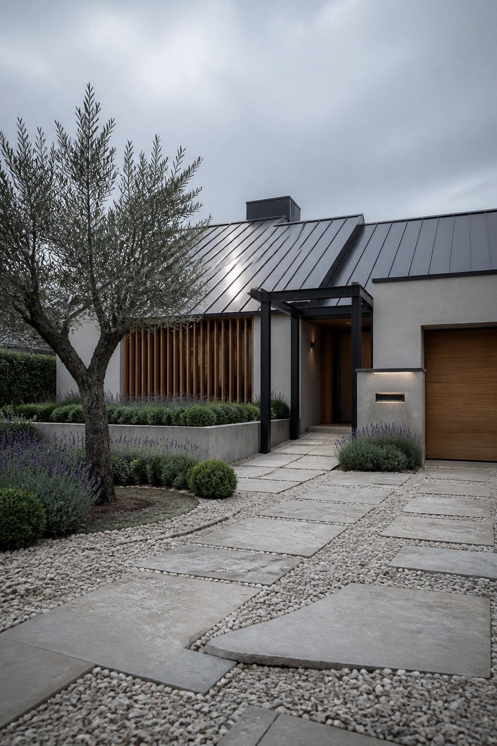 Modern house with stone pathway, olive tree, lavender, metal roof and wooden garage.