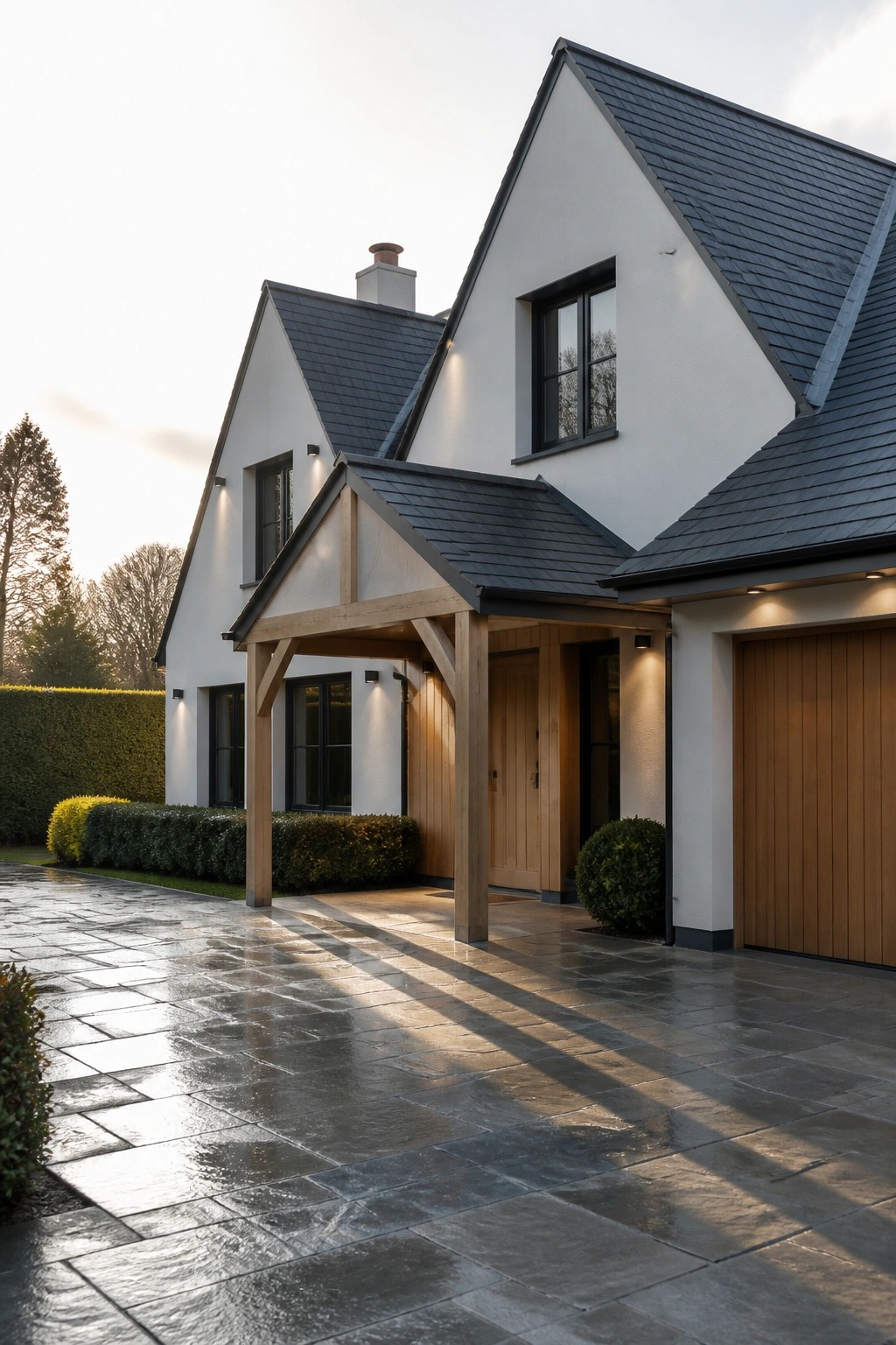 A modern white house with a dark slate roof, timber-framed porch over the entrance, wooden garage door, and wet stone driveway.