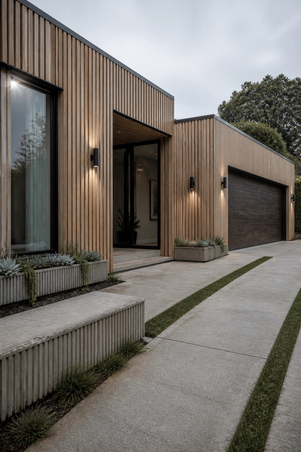 Modern villa exterior with vertical light wood cladding, dark window frames, a garage door, and concrete driveway with planters.