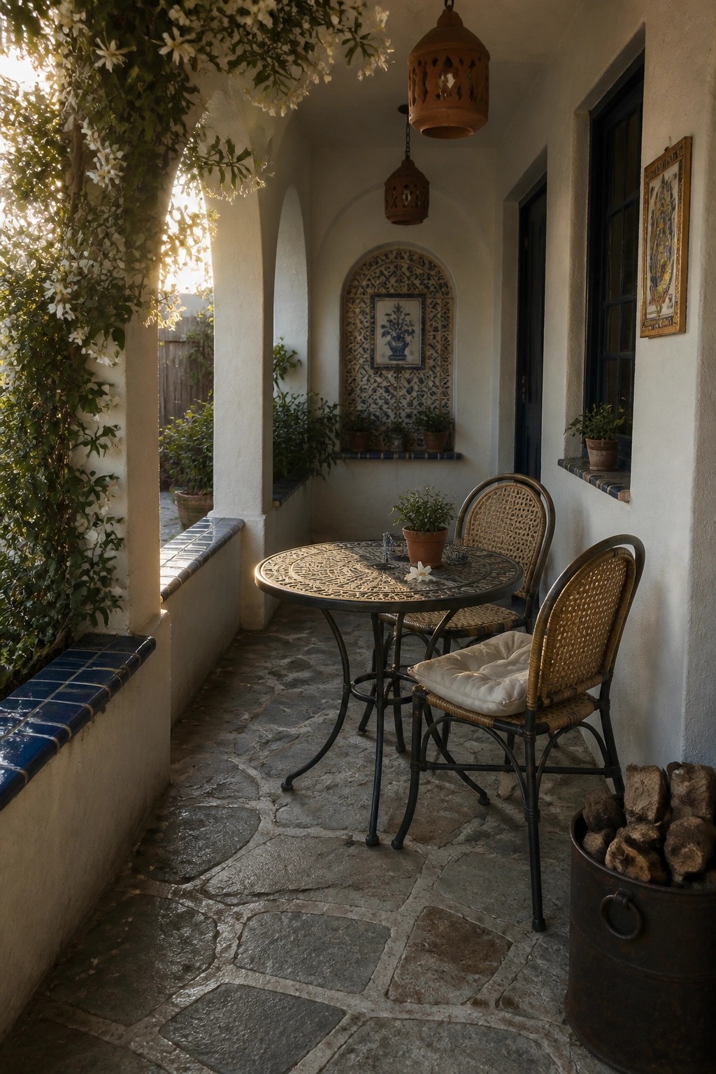 A covered stone patio with a round metal table, two wicker chairs, hanging lanterns, and climbing white flowers along an arched opening.