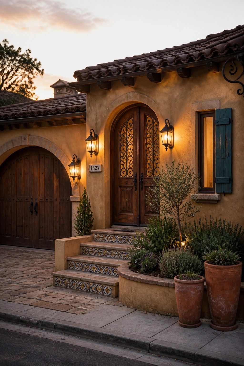 A stucco Mediterranean house with an arched wooden double door, decorative ironwork, tile steps, and two wall lanterns at dusk.