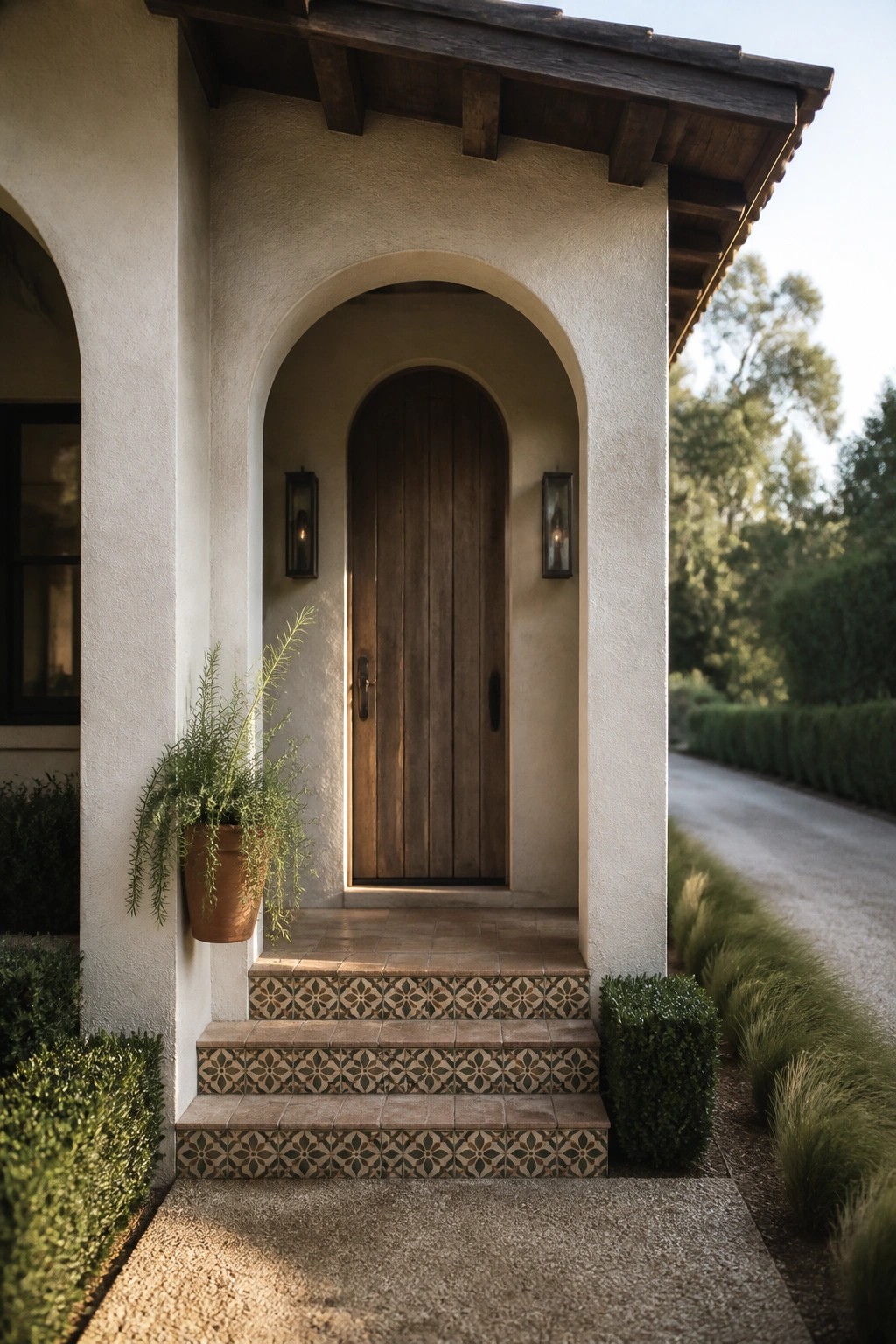 A Mediterranean house entrance with an arched wooden door, patterned tile steps, and a terracotta potted plant on the left.