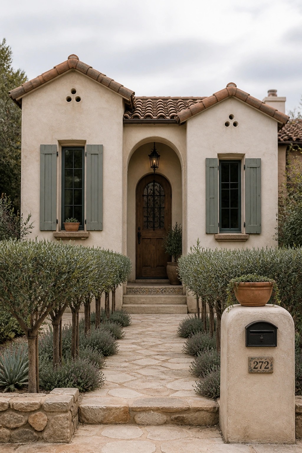 A small stucco house with a central arched entry containing a wooden door, two shuttered windows, and a stone path leading to the front steps.