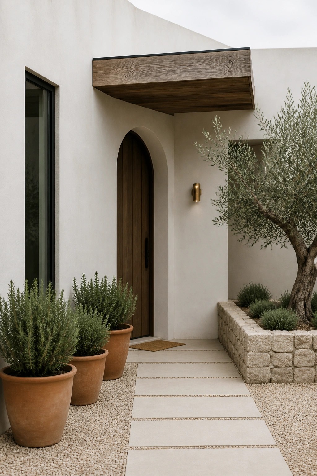 A white stucco house exterior with an arched wooden door under a wood overhang, potted shrubs on gravel, and a stone pathway leading to the entrance.