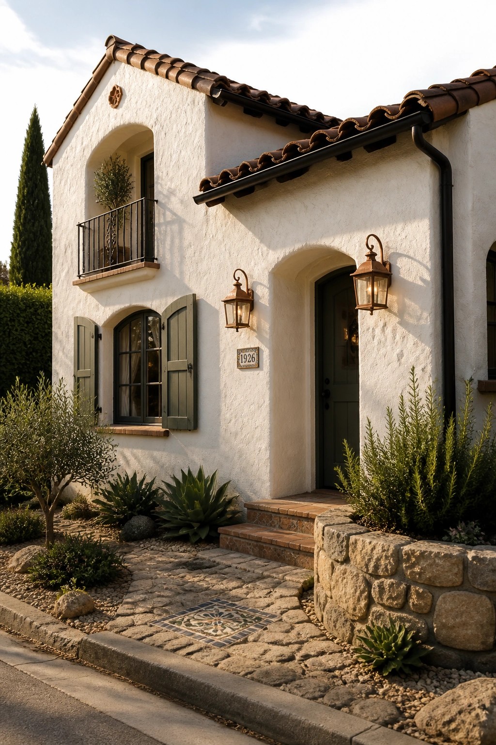 A small white stucco house with a terracotta tile roof, an arched green front door flanked by two metal lanterns, a small balcony with black railing above a window, and stone steps leading to the entrance.
