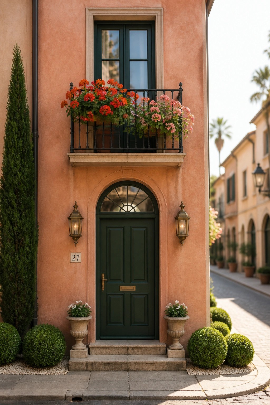 A peach stucco house facade with a dark green arched door, a black metal balcony holding red and pink flowers above it, and two wall lanterns flanking the entrance.
