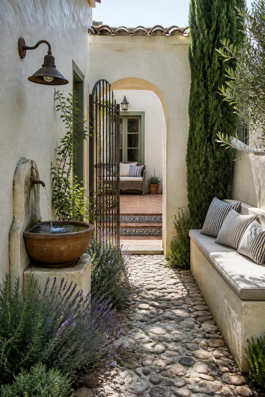 Narrow cobblestone path in Mediterranean courtyard with fountain, bench, and arched gate.