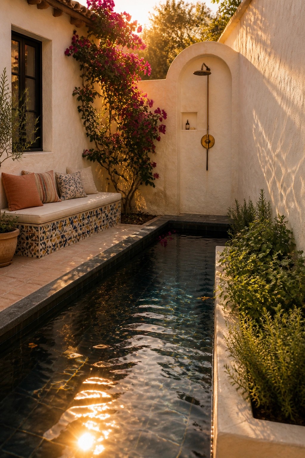 A narrow rectangular pool in a white-walled courtyard with a tiled built-in bench holding cushions, an outdoor shower set in an arched niche, and flowering plants along the edges.