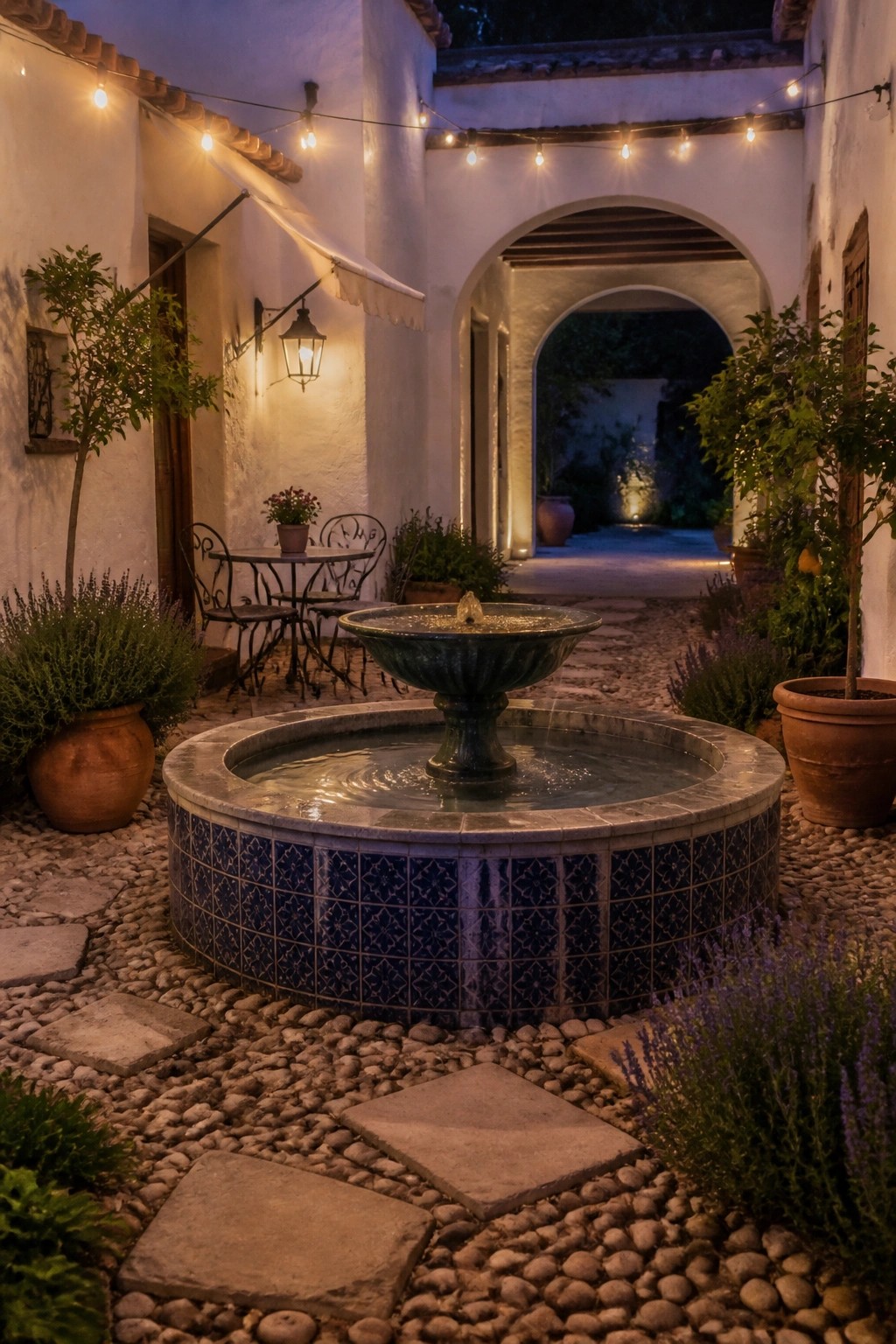 A small Mediterranean-style courtyard at dusk featuring a central blue-tiled fountain on pebble ground with string lights overhead and potted plants along the white walls.