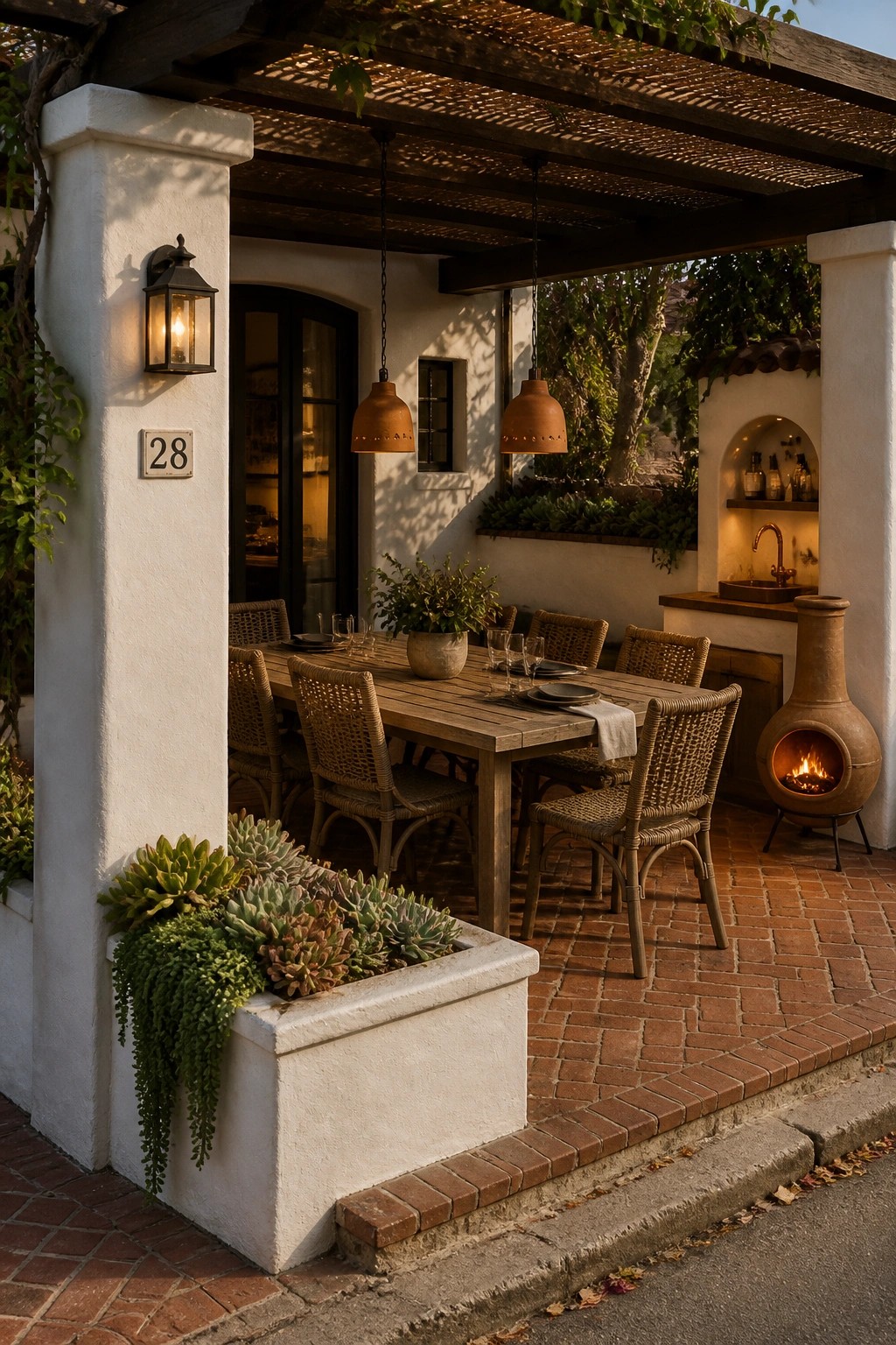 A wooden pergola shades a long dining table with woven chairs on a brick patio next to a white stucco house with an outdoor clay fireplace.