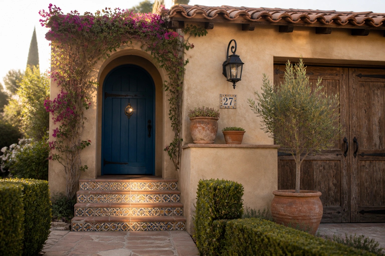 Arched blue door with pink vines, tiled steps, potted plants, wooden gate.