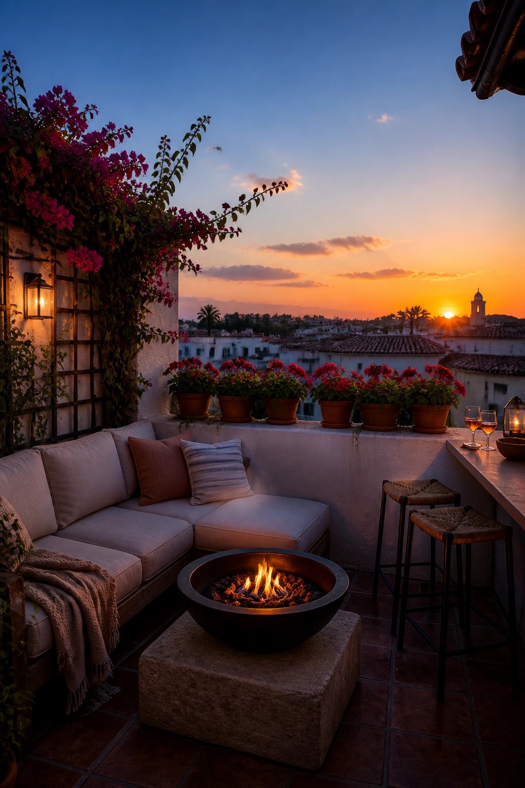 Rooftop terrace at sunset with fire pit, sofa, potted flowers, and city view
