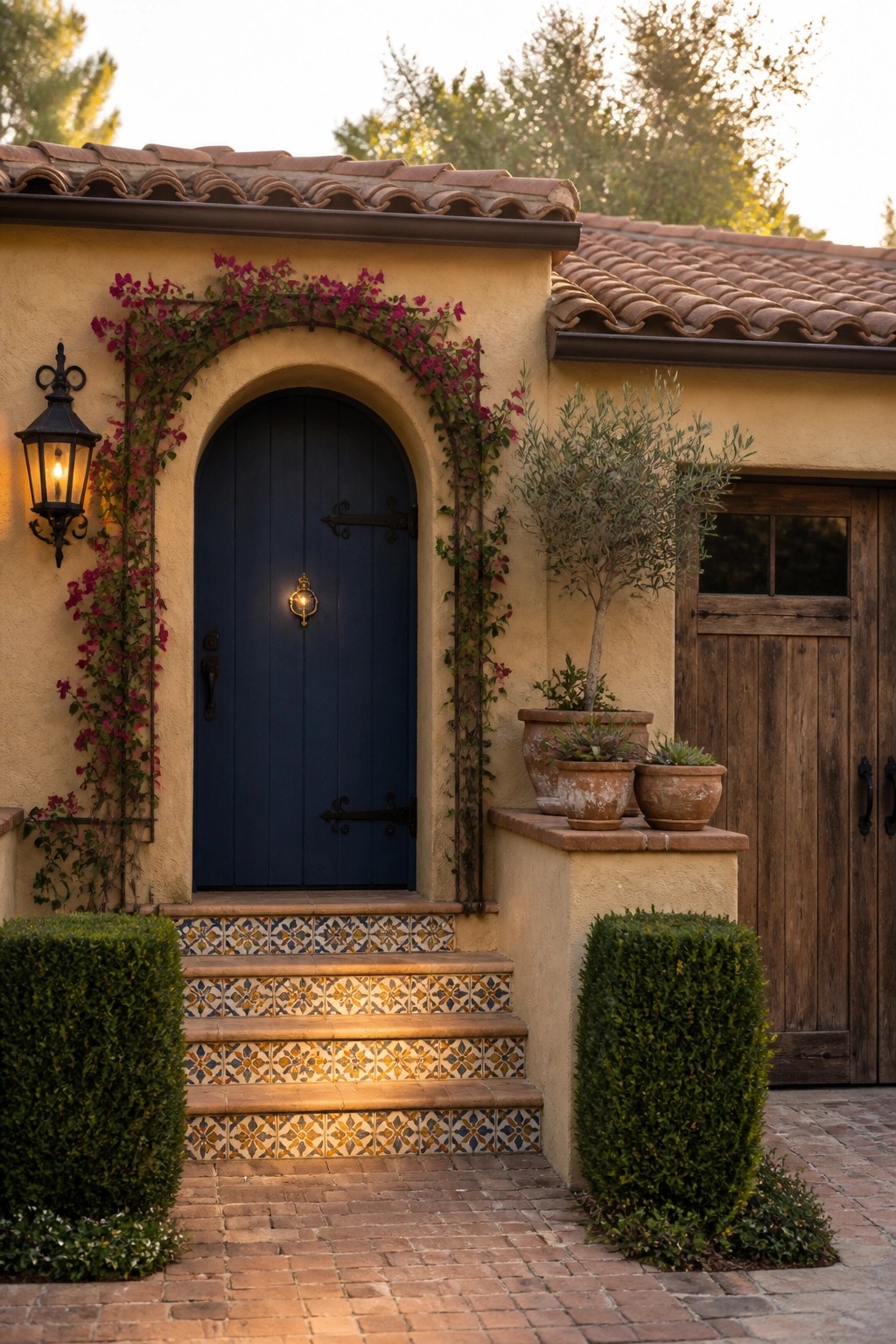 Arched blue door with pink vines, tiled steps, potted plants, wooden gate.