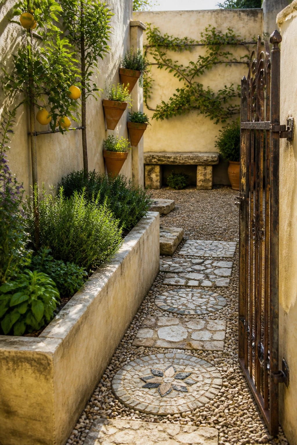 Narrow garden path with mosaic stones, lemon trees, and open iron gate.