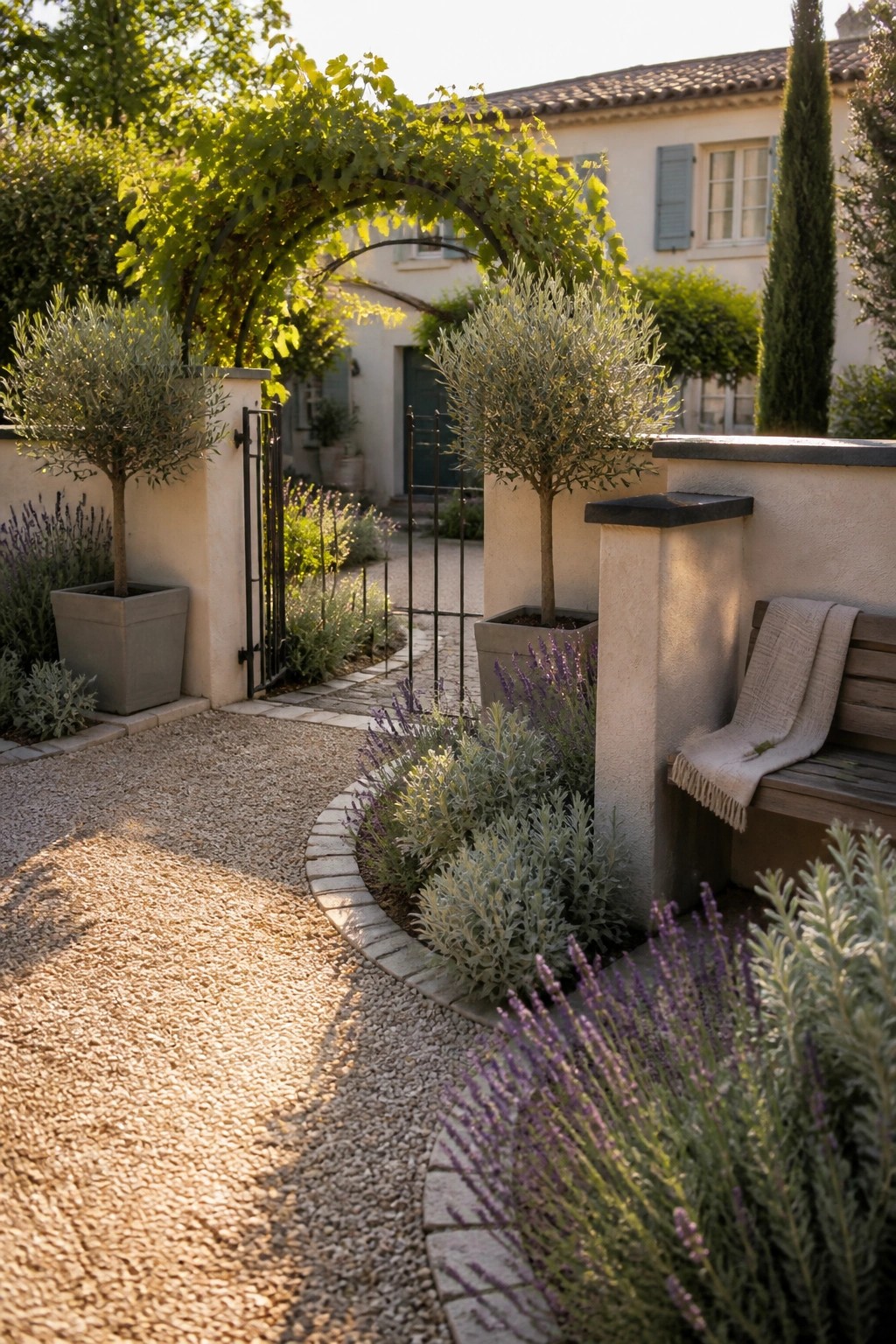 A curved gravel path bordered by low stone edging leads past potted olive trees and lavender toward a gated entry beside a stucco wall and house.