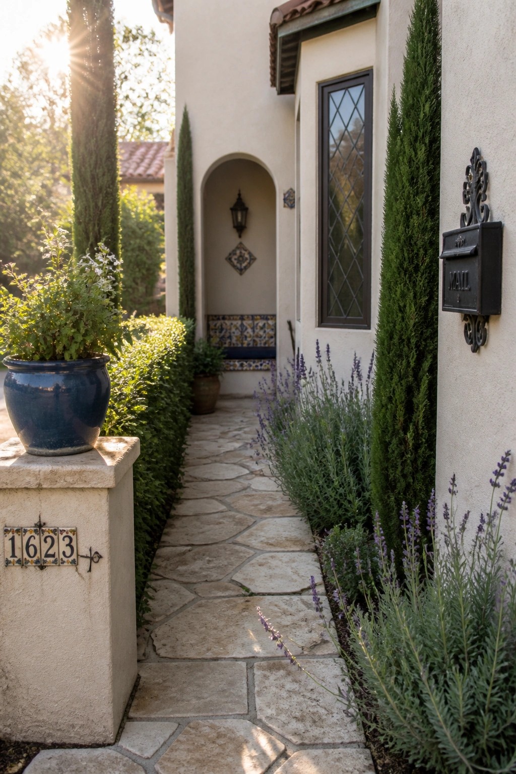 A stone pathway leads to the arched entry of a stucco house, bordered by tall cypress trees, lavender, and a large blue ceramic pot on a pedestal with the address 1623.