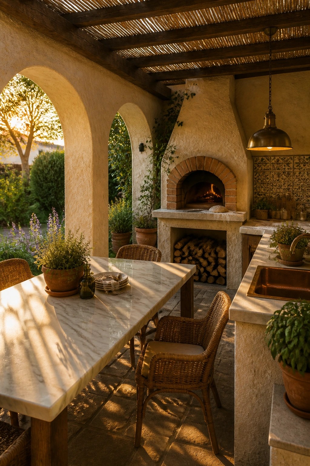 A covered outdoor patio with a marble dining table, wicker chairs, a built-in brick oven, stone counters, a copper sink, and potted plants under a wooden pergola at sunset.